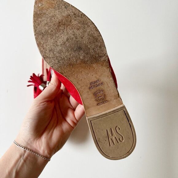 Stuart Weitzman Slidealong Tassel Pointed Toe Mule in Red Suede Women's 6 - Picture 7 of 9